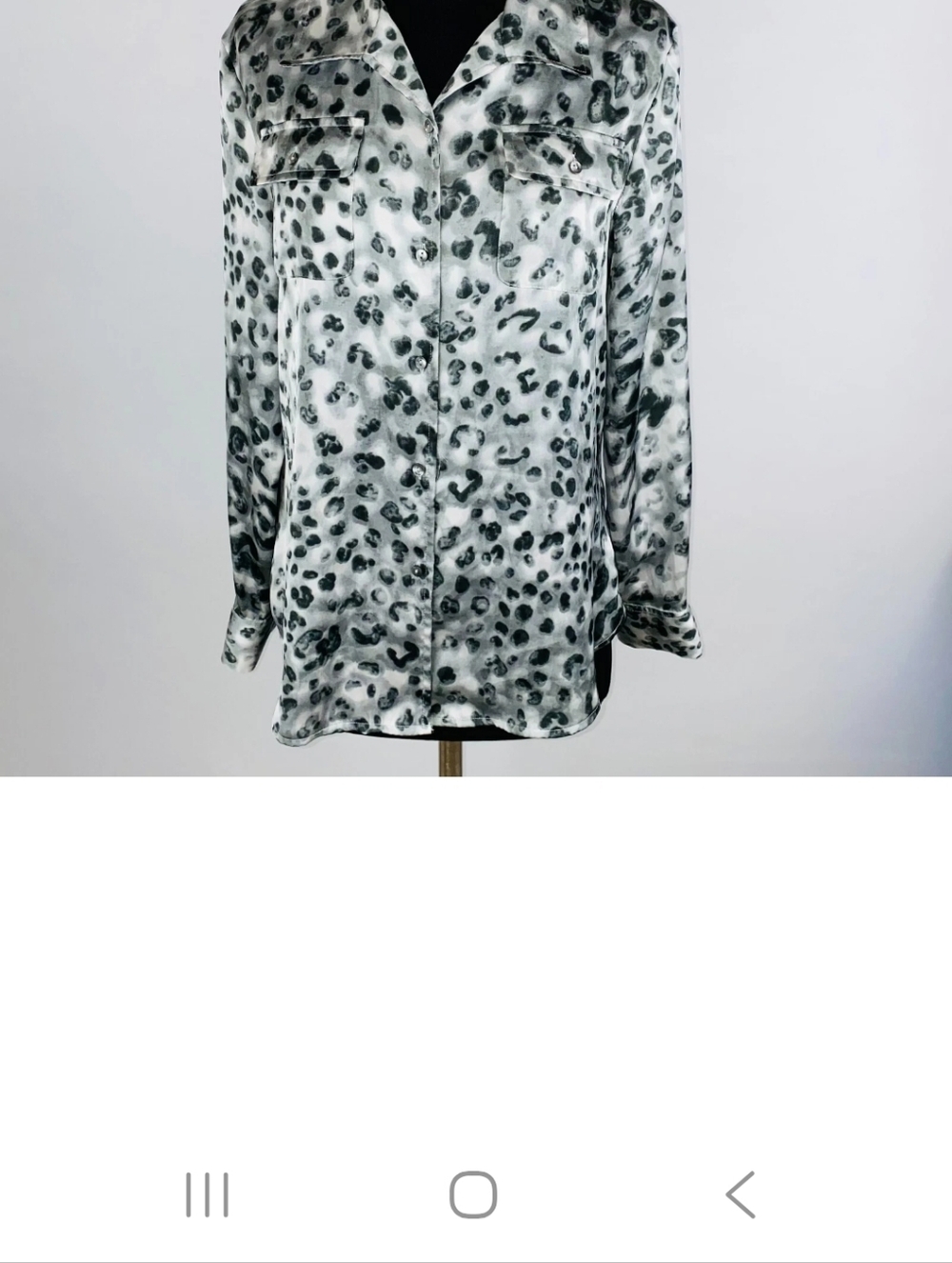 Jones New York Animal Print Silk-Feel Button-Up Blouse - Gray/White Polyester M